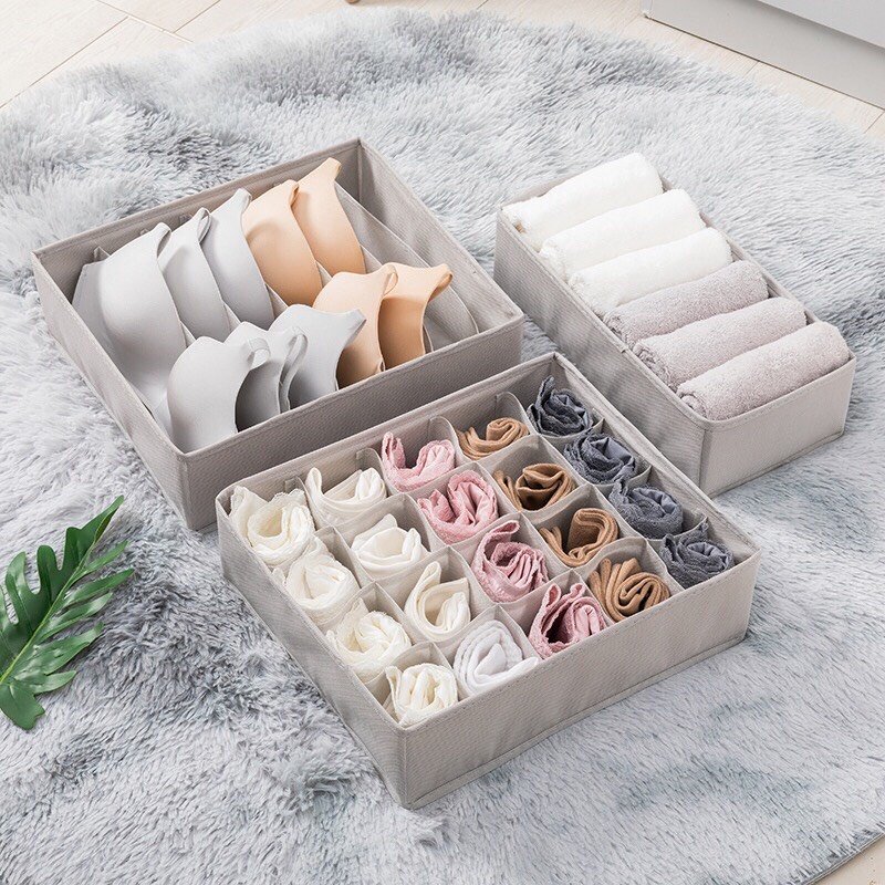 Sét 3 hộp vải đựng đồ lót, tất vớ chia ngăn màu xám ghi