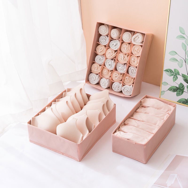 Sét 3 hộp vải đựng đồ lót, tất vớ chia ngăn màu hồng