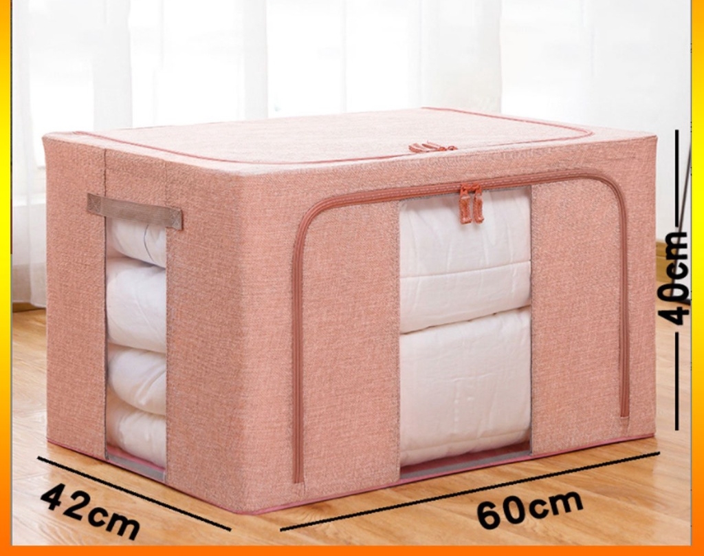 Hộp Đựng Quần Áo Chăn Màn Bằng Vải Khung Thép Cỡ 66L- Hồng Trơn