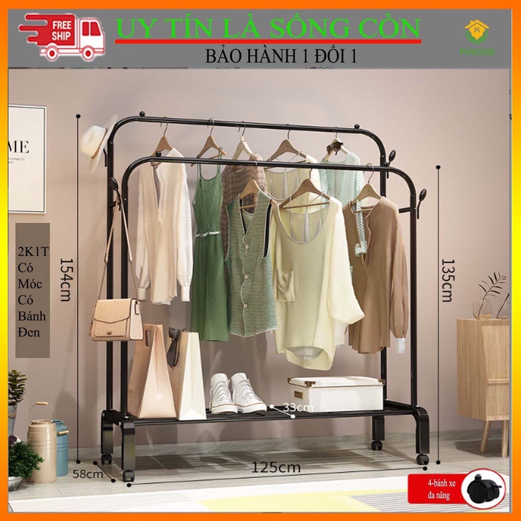 Giá Treo Quần Áo Chữ U 2K1T Đen Có Bánh