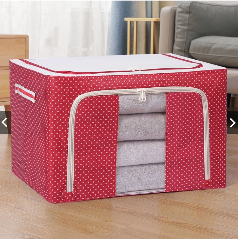 Hộp Đựng Quần Áo Chăn Màn Bằng Vải Khung Thép Cỡ Lớn 72L-Đỏ Chấm Bi