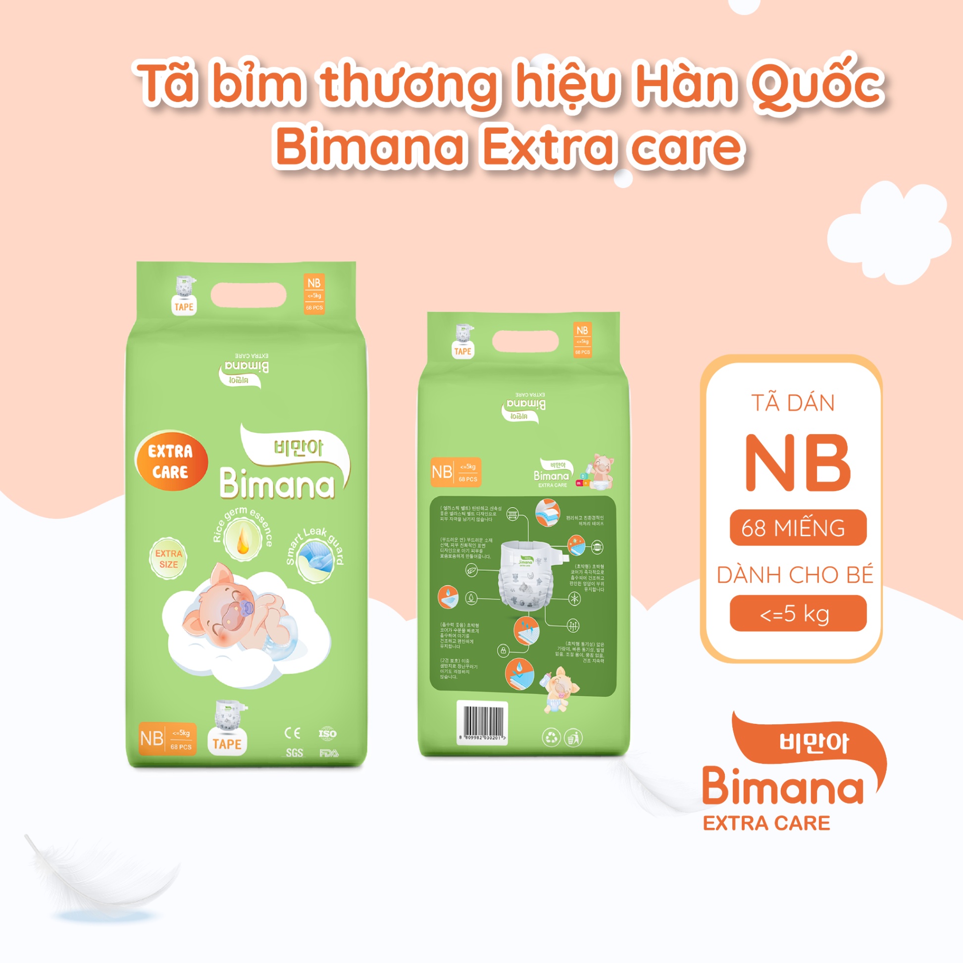 Tã dán Bimana Extra Care Hàn Quốc size NB (<=5kg)