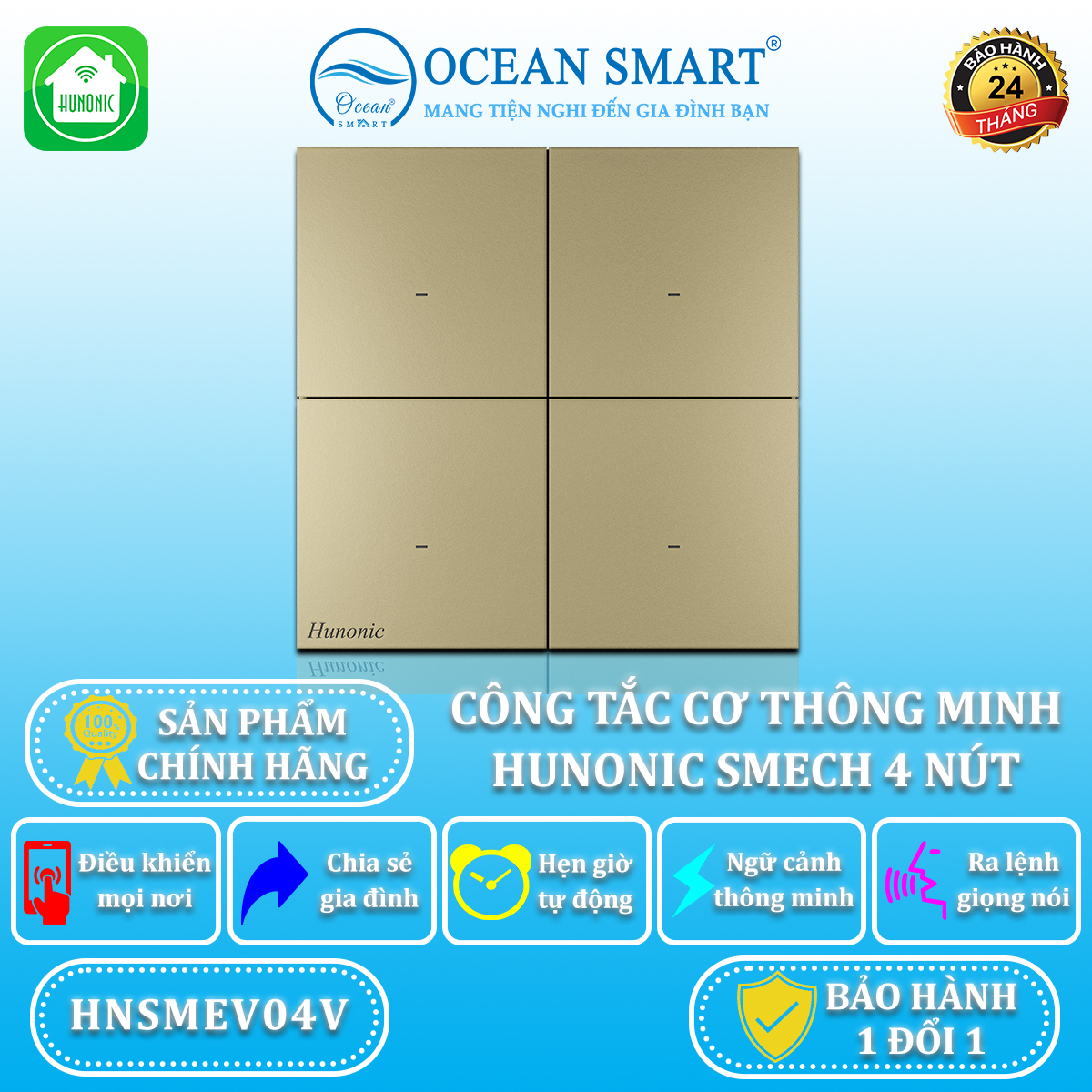 Công Tắc Cơ Thông Minh Hunonic Smech Hình Vuông - HNSMEV