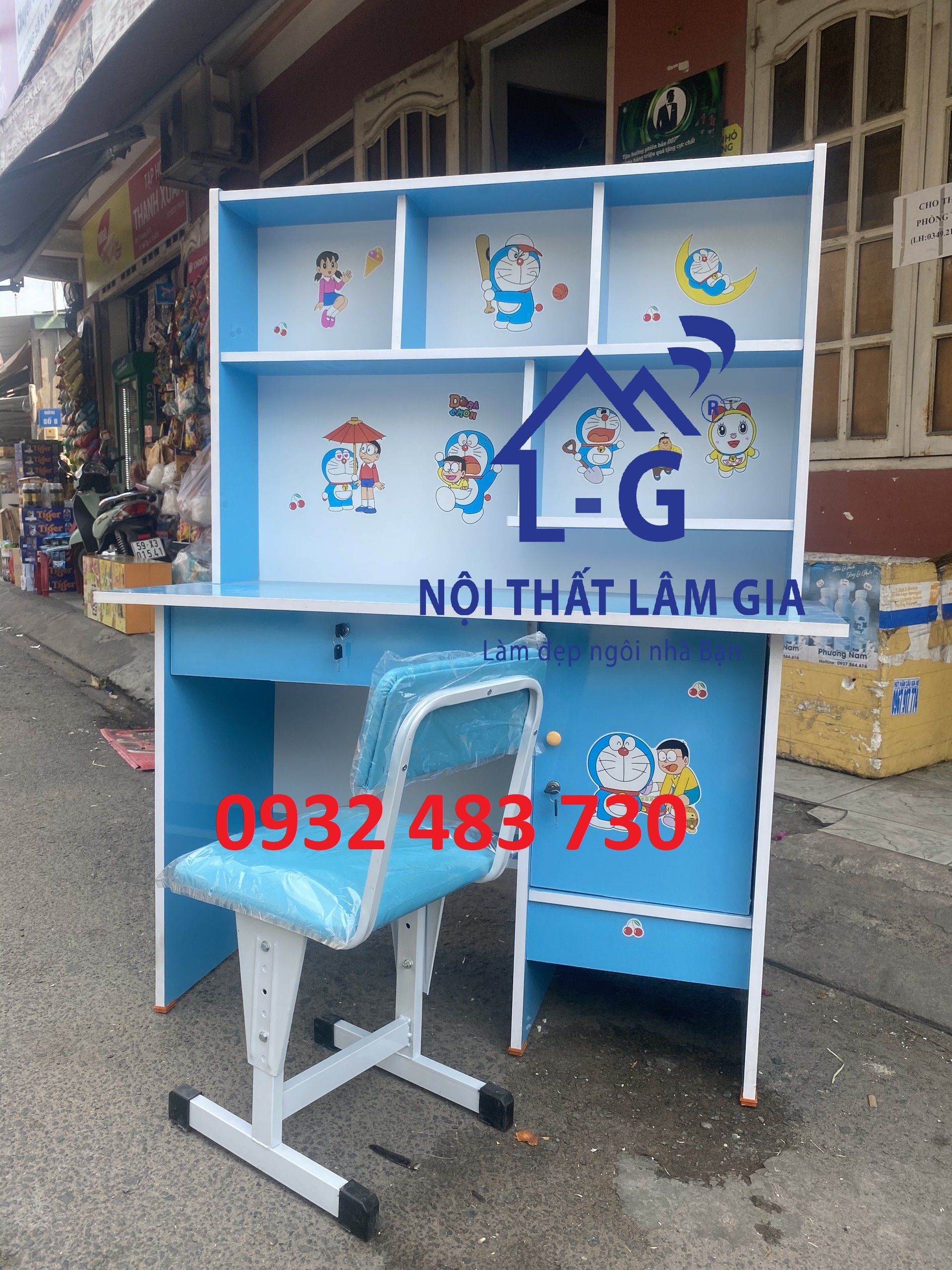 Bàn học sinh liền kệ kèm ghế ngang 1m2 cao 1m45 sâu 45cm màu xanh dương