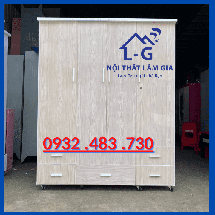 Tủ nhựa đài loan 4 cánh Lâm Gia  rộng 1m4x1m8 giá tốt có bánh xe