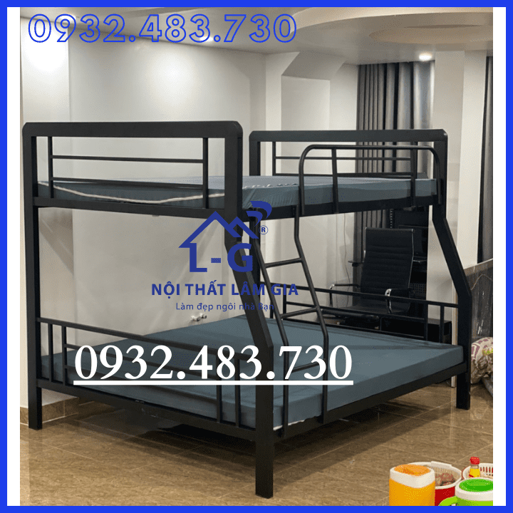 Giường tầng sắt hộp 48 VA cao cấp 1m6x1m8 dài 2m_Màu đen