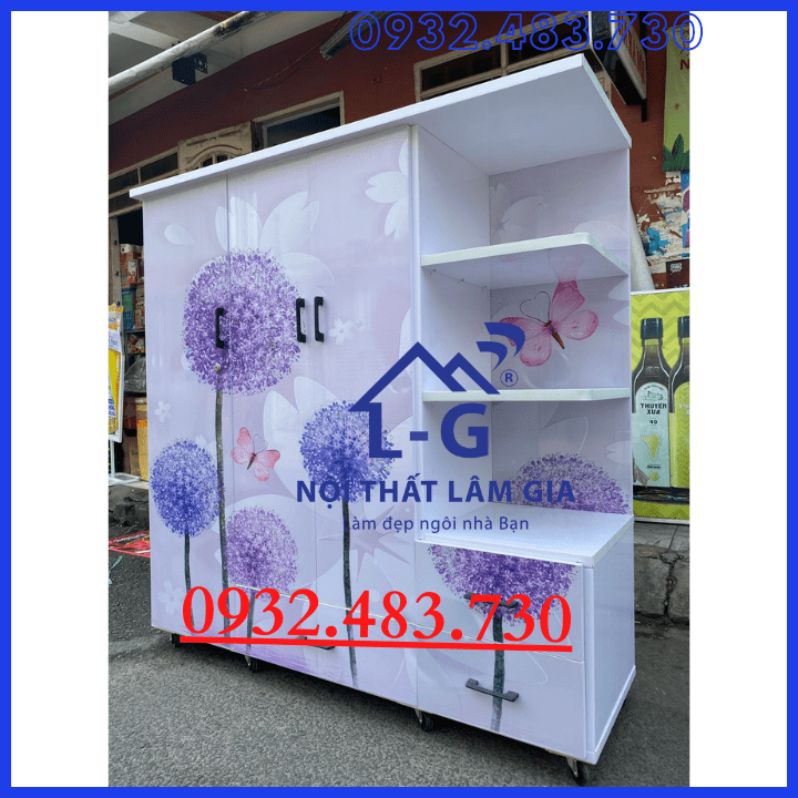 Tủ nhựa đài loan liền kệ 3D hoa tím 1m50x1m45x45cm