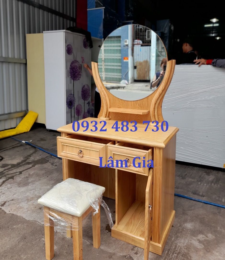 Bộ bàn trang điểm gỗ sồi ngan cao cấp rộng 80cm gương tròn