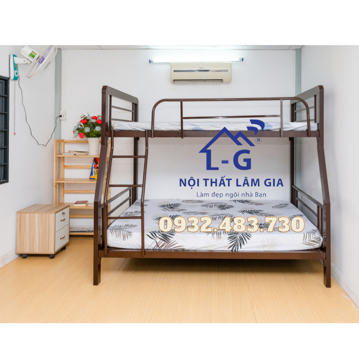 Giường sắt 2 tầng lệch hộp sắt 4x8 VA cao cấp dày dặn dành cho gia đình