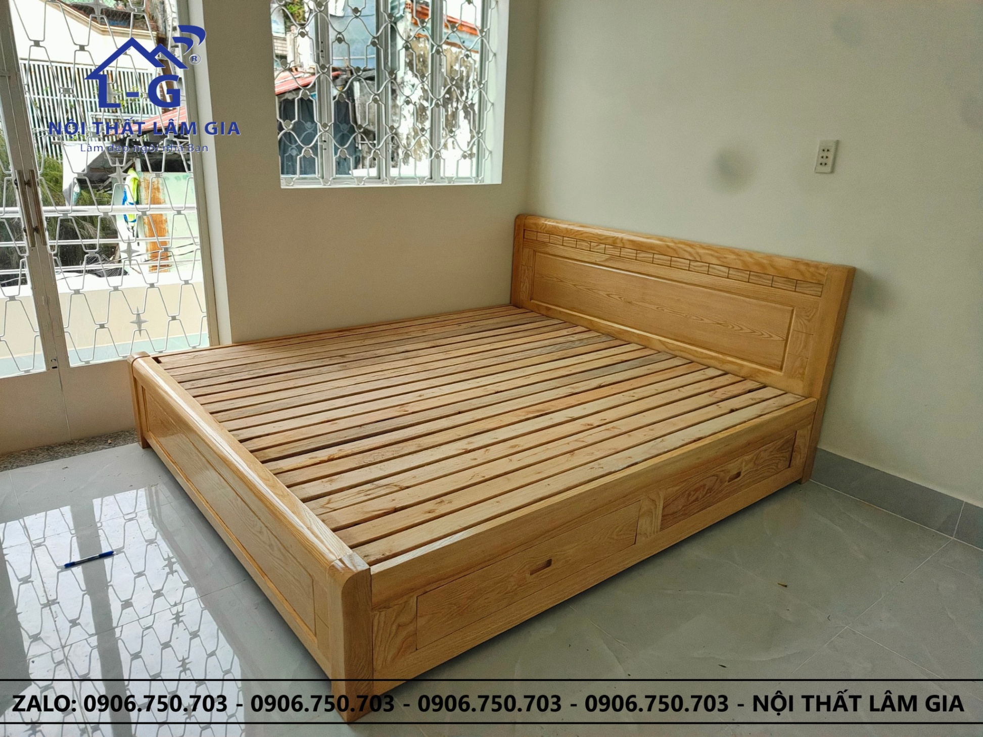 Giường Gỗ Sồi Tự Nhiên Lâm Gia 2 Hộc Kéo (GGSTNLG2HK)