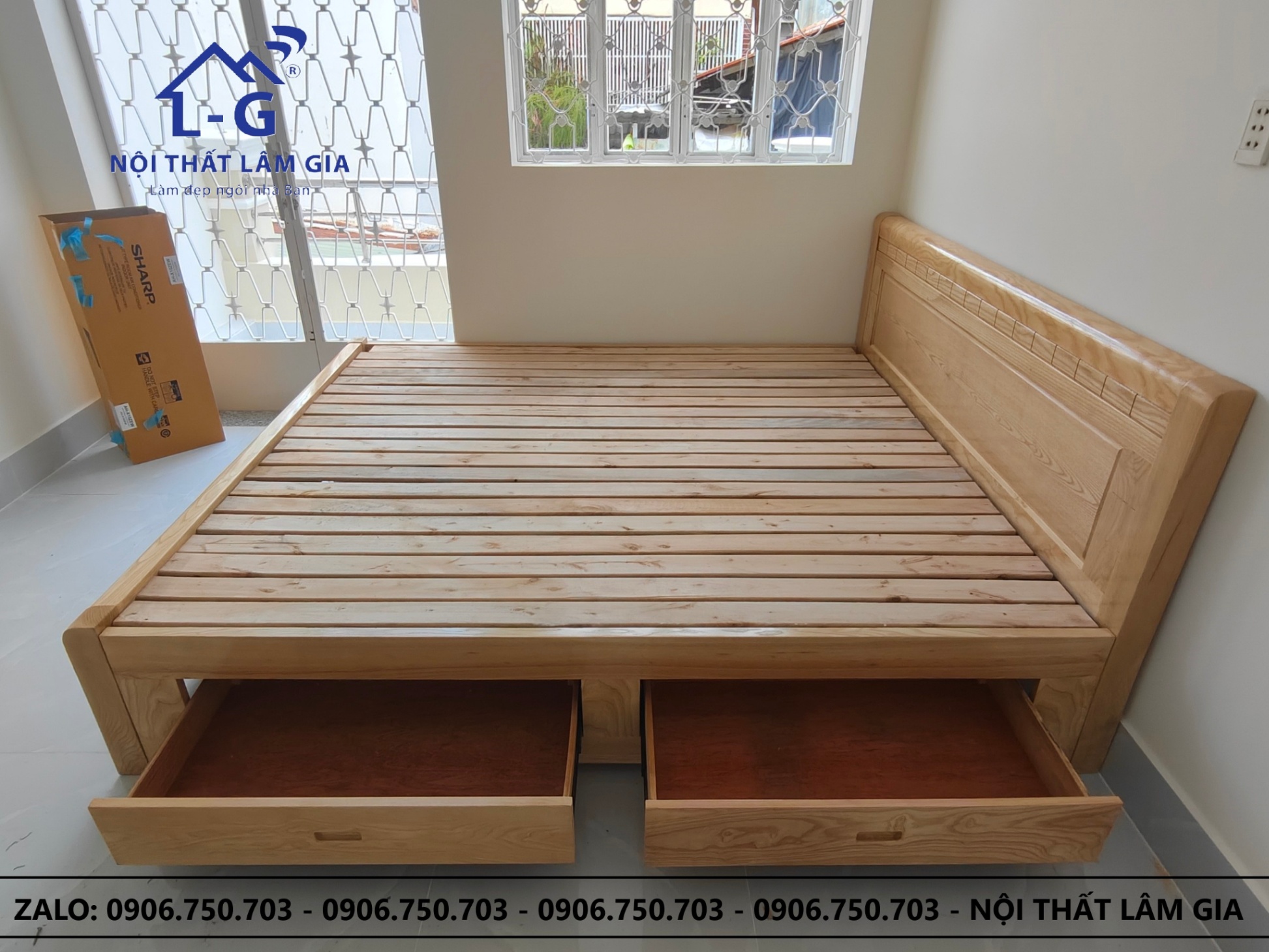Giường Gỗ Sồi Tự Nhiên Lâm Gia 2 Hộc Kéo (GGSTNLG2HK)