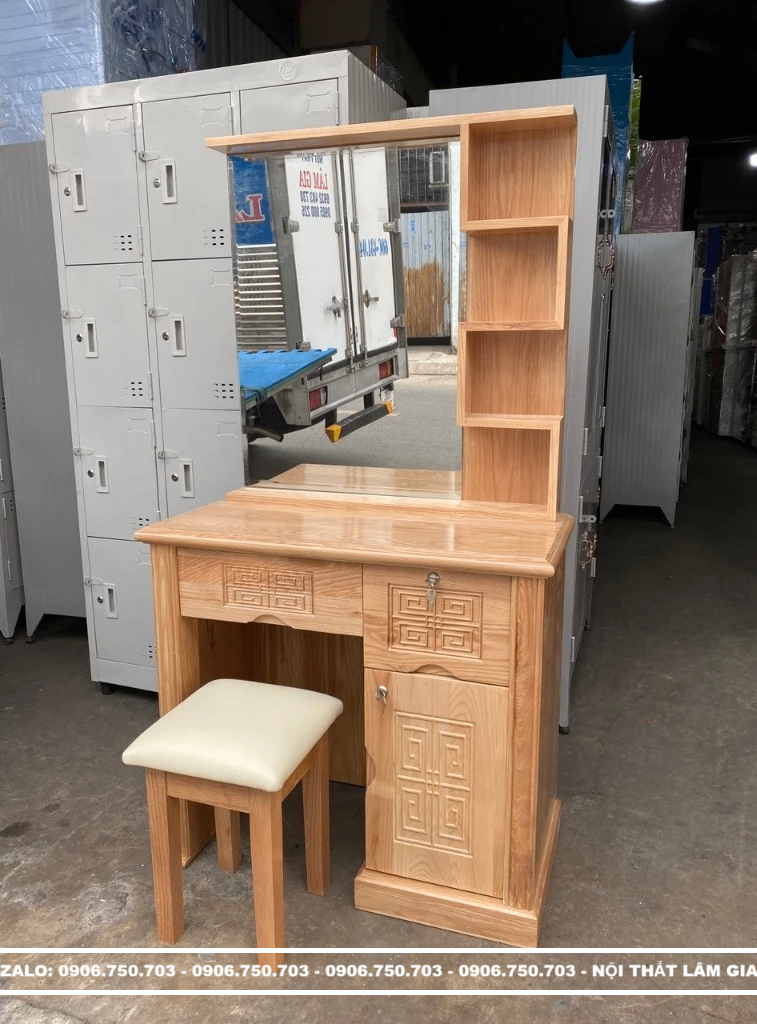 Bộ bàn trang điểm gỗ sồi cao cấp rộng 80cm _Kính vuông