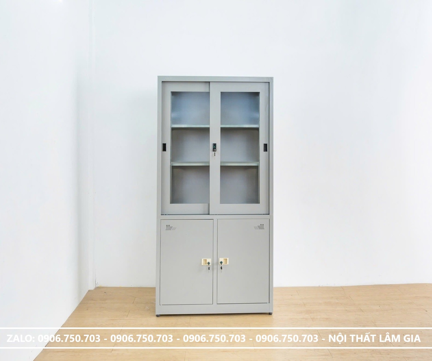 Tủ hồ sơ 4 cánh kiếng 2 cánh kiếng lùa + 2 cánh mở dưới