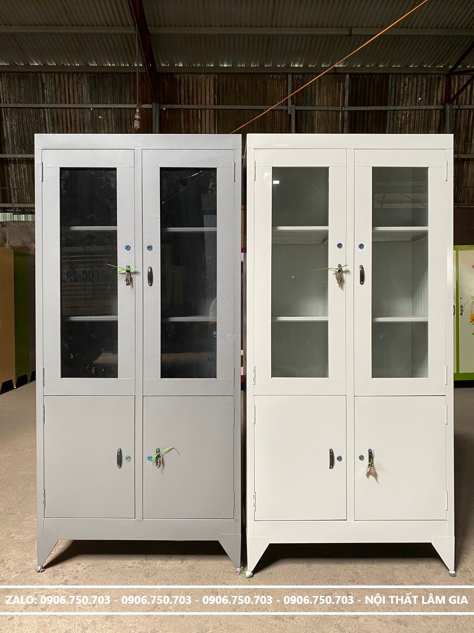 Tủ sắt đựng hồ sơ có kính cao 1m8 ngang 90cm màu ghi Lâm Gia