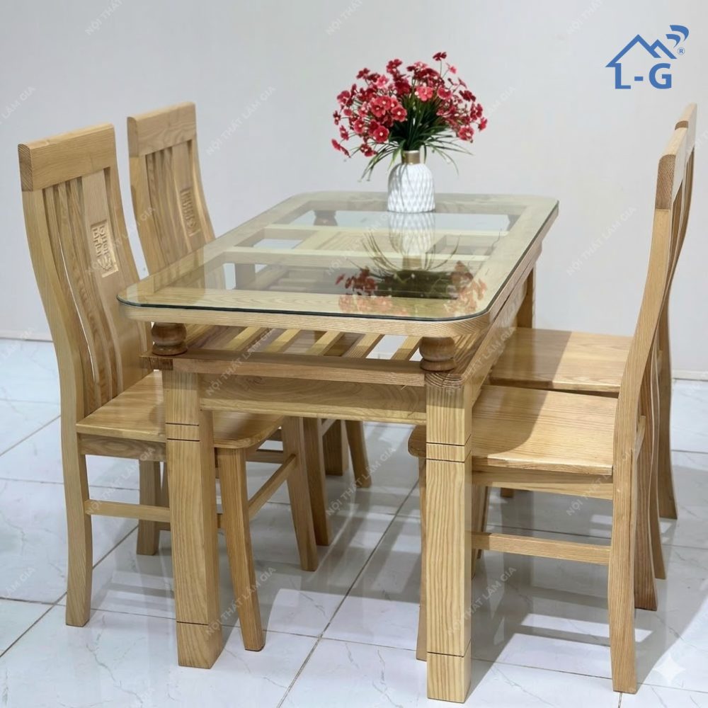Bộ Bàn Ăn 2 Tầng Mặt Kính Gỗ Sồi Lâm Gia (BBA2TMKGSLG)
