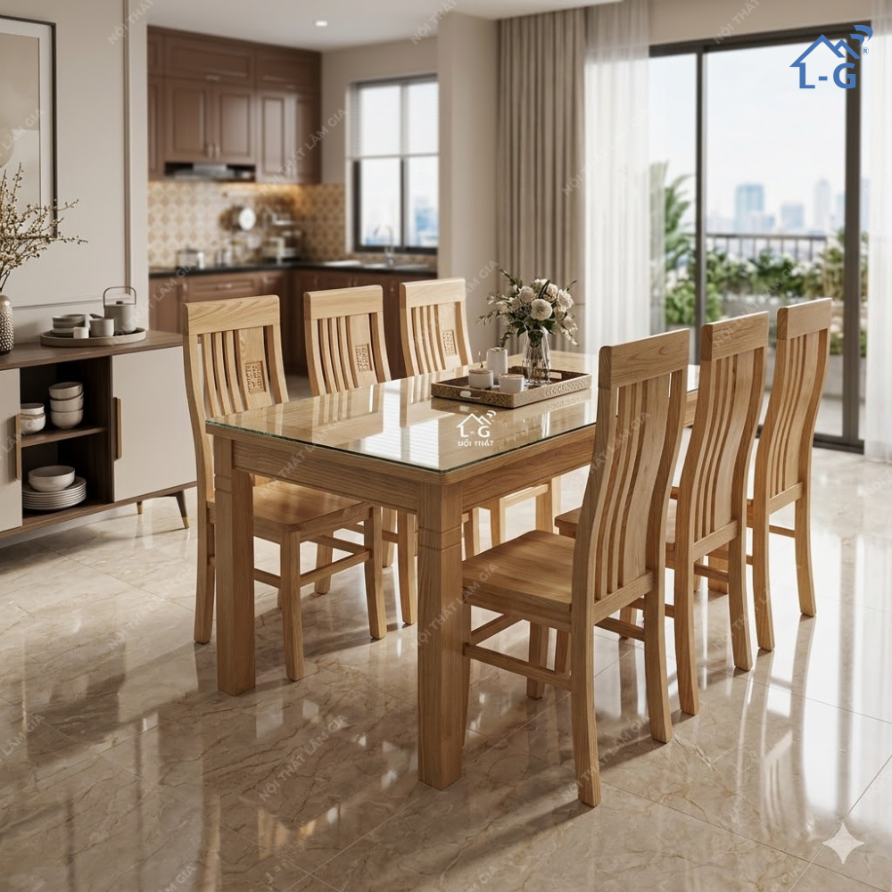 Bộ Bàn Ăn Gỗ Sồi Mặt Gỗ + Kính Lâm Gia (BBA-LG)