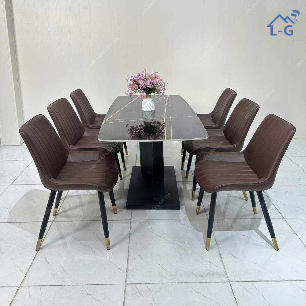 Bộ Bàn Ăn Mặt Đá Ceramic Chân Vin + 6 Ghế Loft Sọc (BBAMDCRMCV+6GLS)
