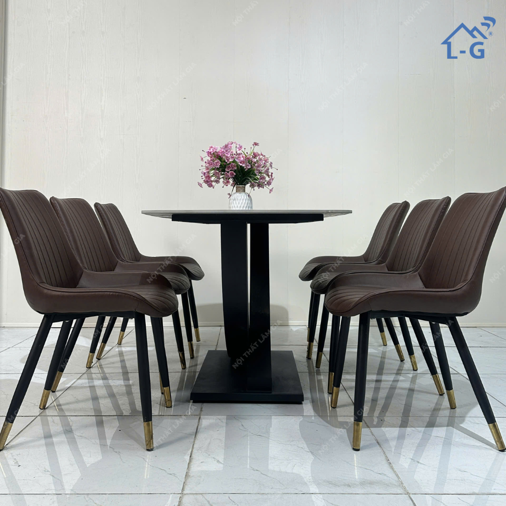 Bộ Bàn Ăn Mặt Đá Ceramic Chân Vin + 6 Ghế Loft Sọc (BBAMDCRMCV+6GLS)
