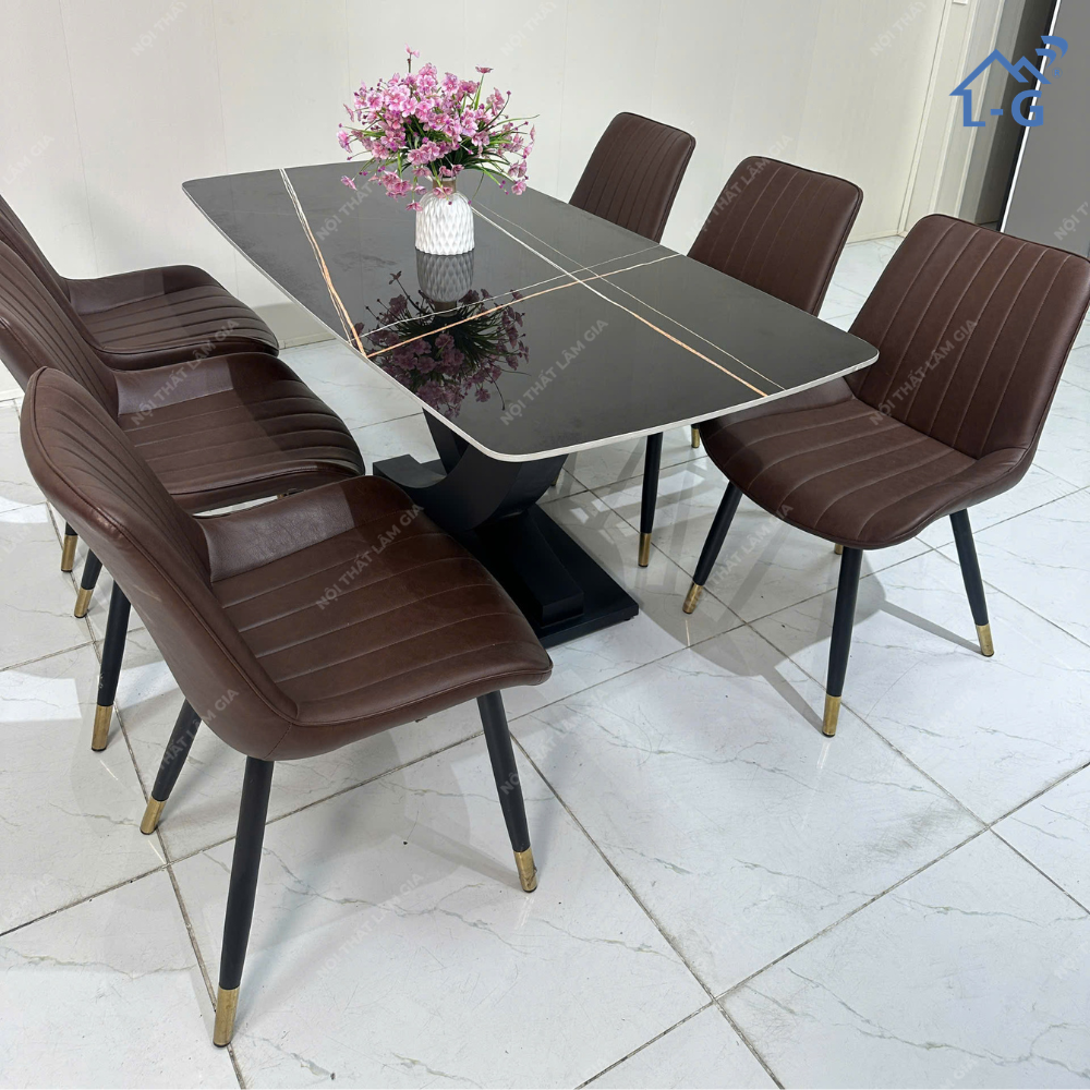 Bộ Bàn Ăn Mặt Đá Ceramic Chân Vin + 6 Ghế Loft Sọc (BBAMDCRMCV+6GLS)