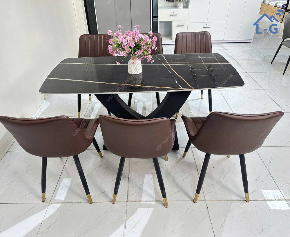 Bộ Bàn Ăn Mặt Đá Ceramic Chân Vin + 6 Ghế Loft Sọc (BBAMDCRMCV+6GLS)