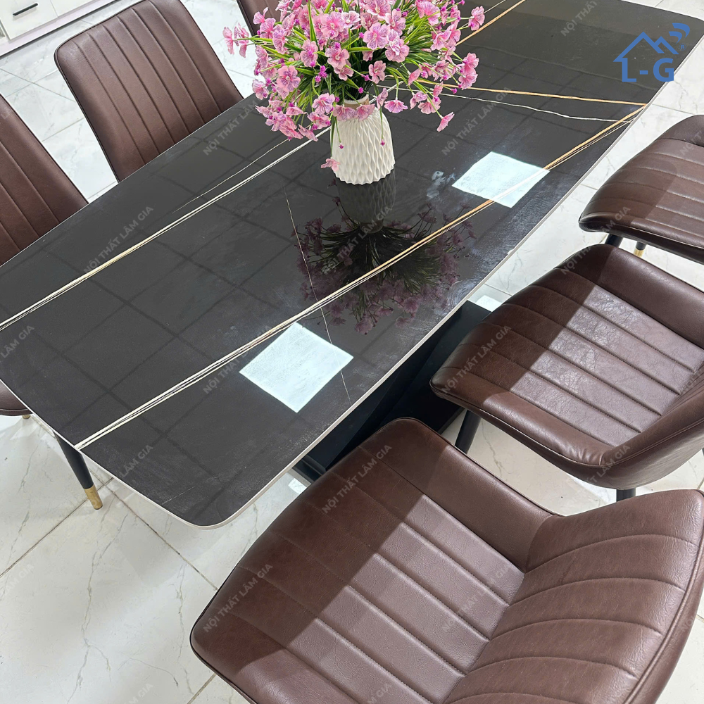 Bộ Bàn Ăn Mặt Đá Ceramic Chân Vin + 6 Ghế Loft Sọc (BBAMDCRMCV+6GLS)
