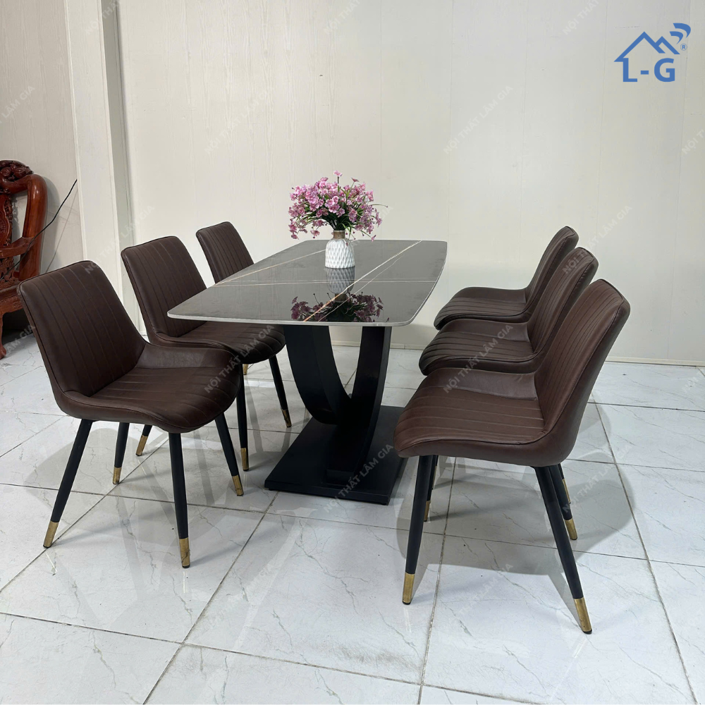 Bộ Bàn Ăn Mặt Đá Ceramic Chân Vin + 6 Ghế Loft Sọc (BBAMDCRMCV+6GLS)
