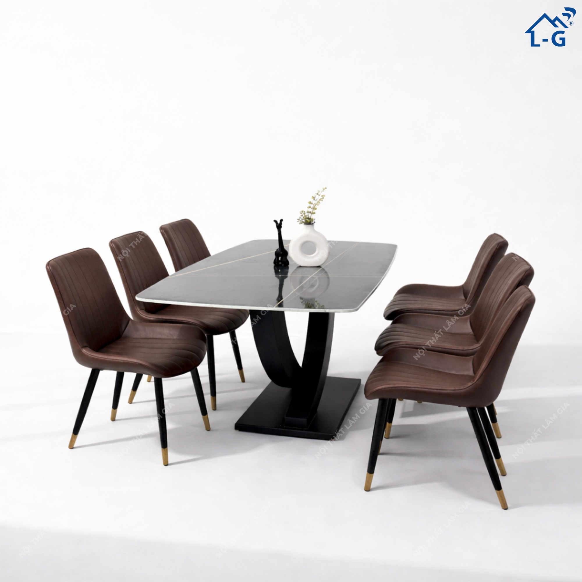 Bộ Bàn Ăn Mặt Đá Ceramic Chân Vin + 6 Ghế Loft Sọc (BBAMDCRMCV+6GLS)