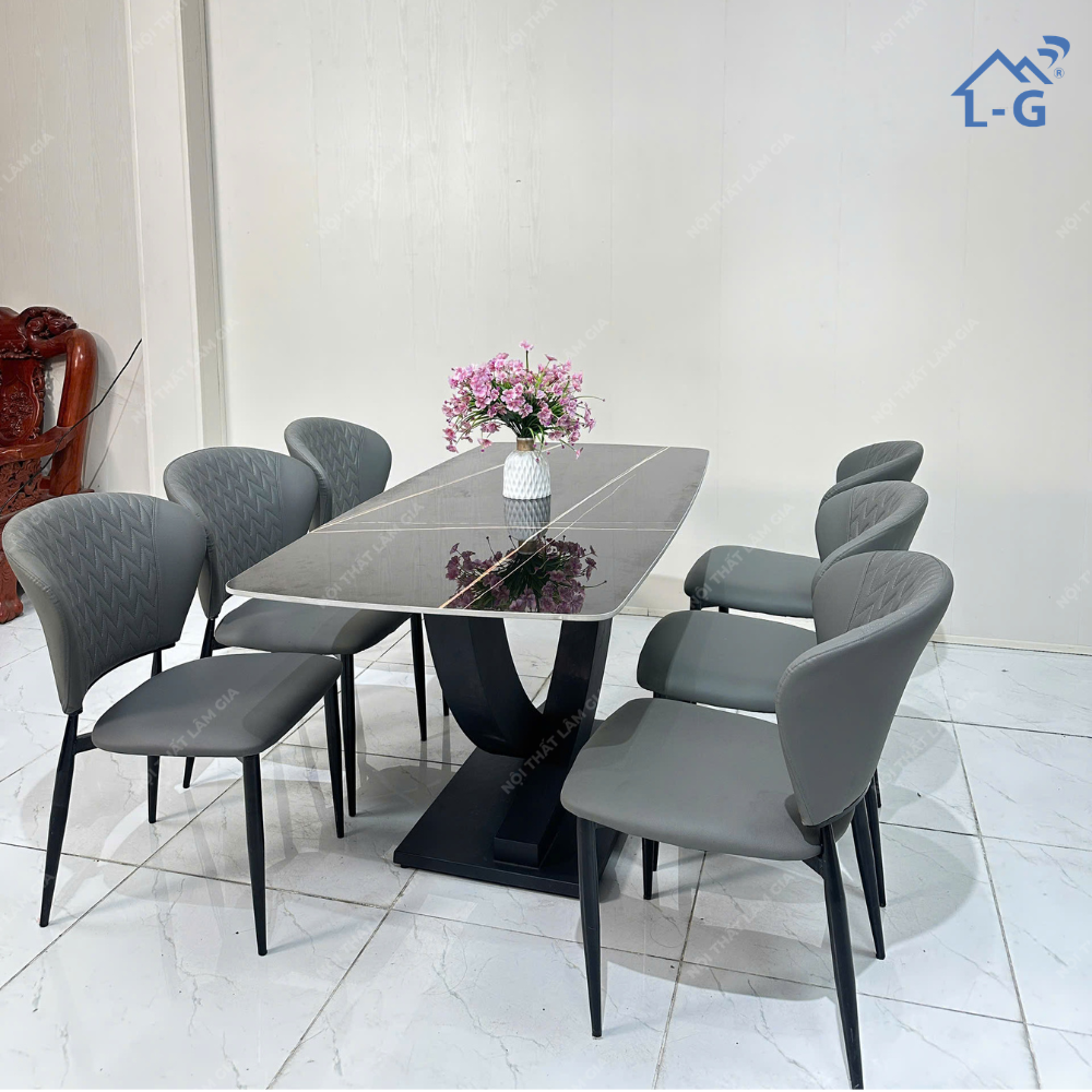 Bộ Bàn Ăn Mặt Đá Ceramic Chân Vin + 6 Ghế Vera (BBAMDCRMCV+6GV)