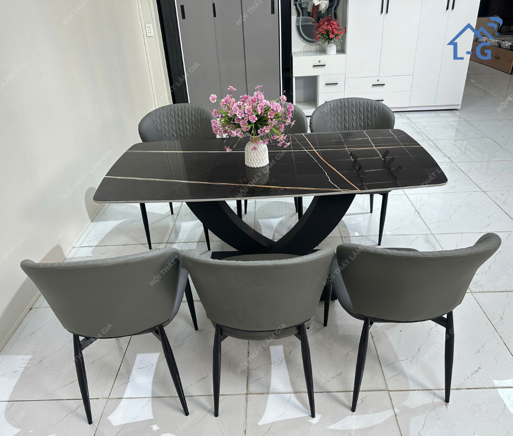 Bộ Bàn Ăn Mặt Đá Ceramic Chân Vin + 6 Ghế Vera (BBAMDCRMCV+6GV)