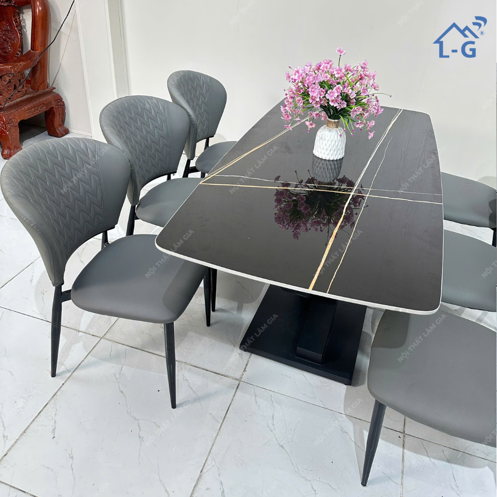 Bộ Bàn Ăn Mặt Đá Ceramic Chân Vin + 6 Ghế Vera (BBAMDCRMCV+6GV)
