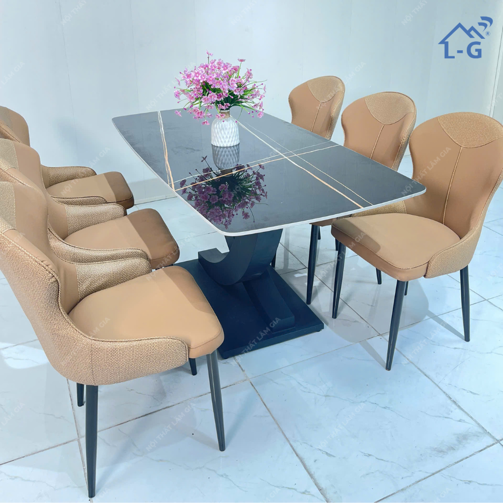 Bộ Bàn Ăn Mặt Đá Ceramic Chân Vin + 6 ghế VN46 (BBAMDCRMCV+6GV)