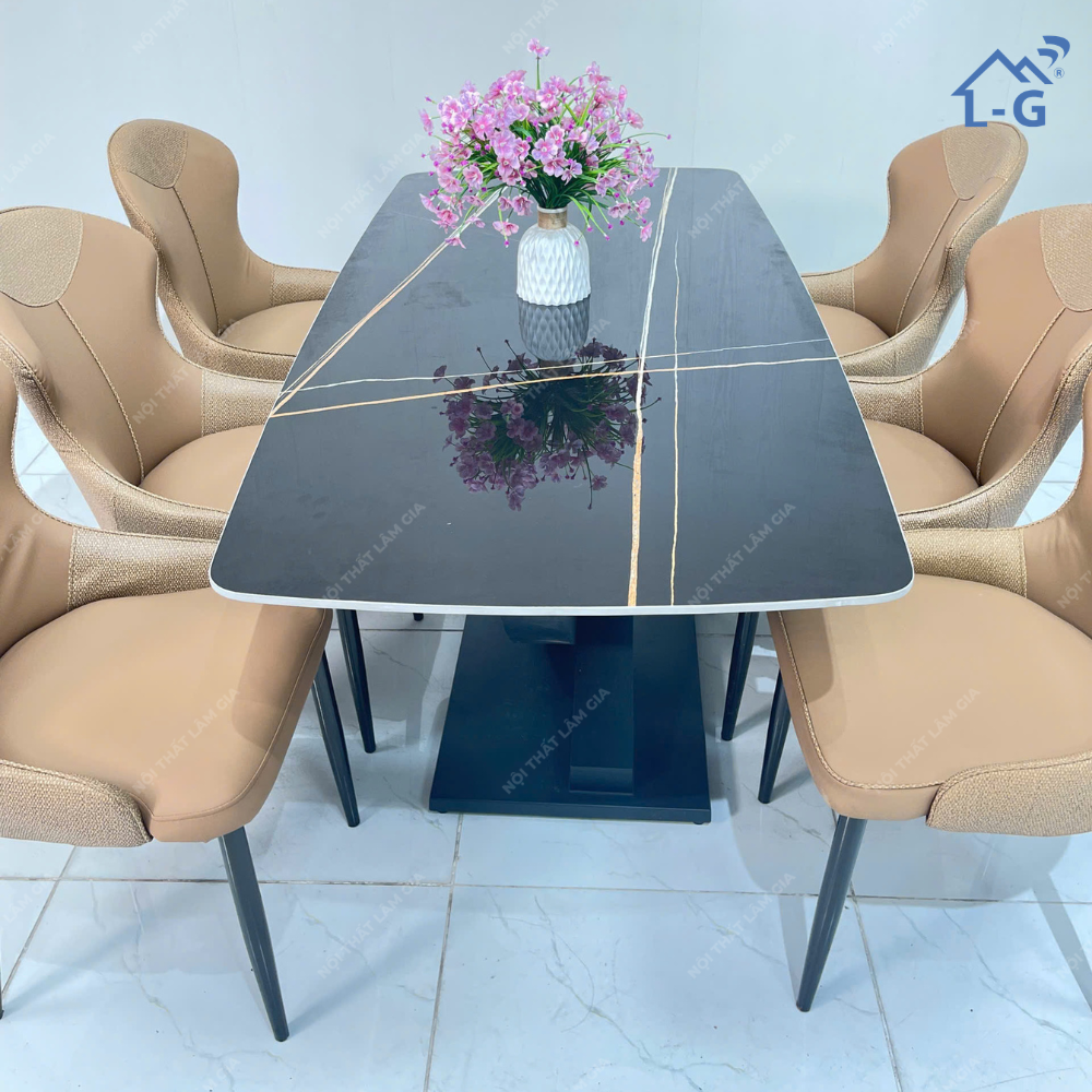 Bộ Bàn Ăn Mặt Đá Ceramic Chân Vin + 6 ghế VN46 (BBAMDCRMCV+6GV)
