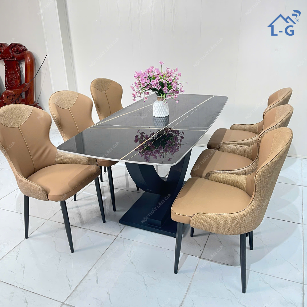 Bộ Bàn Ăn Mặt Đá Ceramic Chân Vin + 6 ghế VN46 (BBAMDCRMCV+6GV)