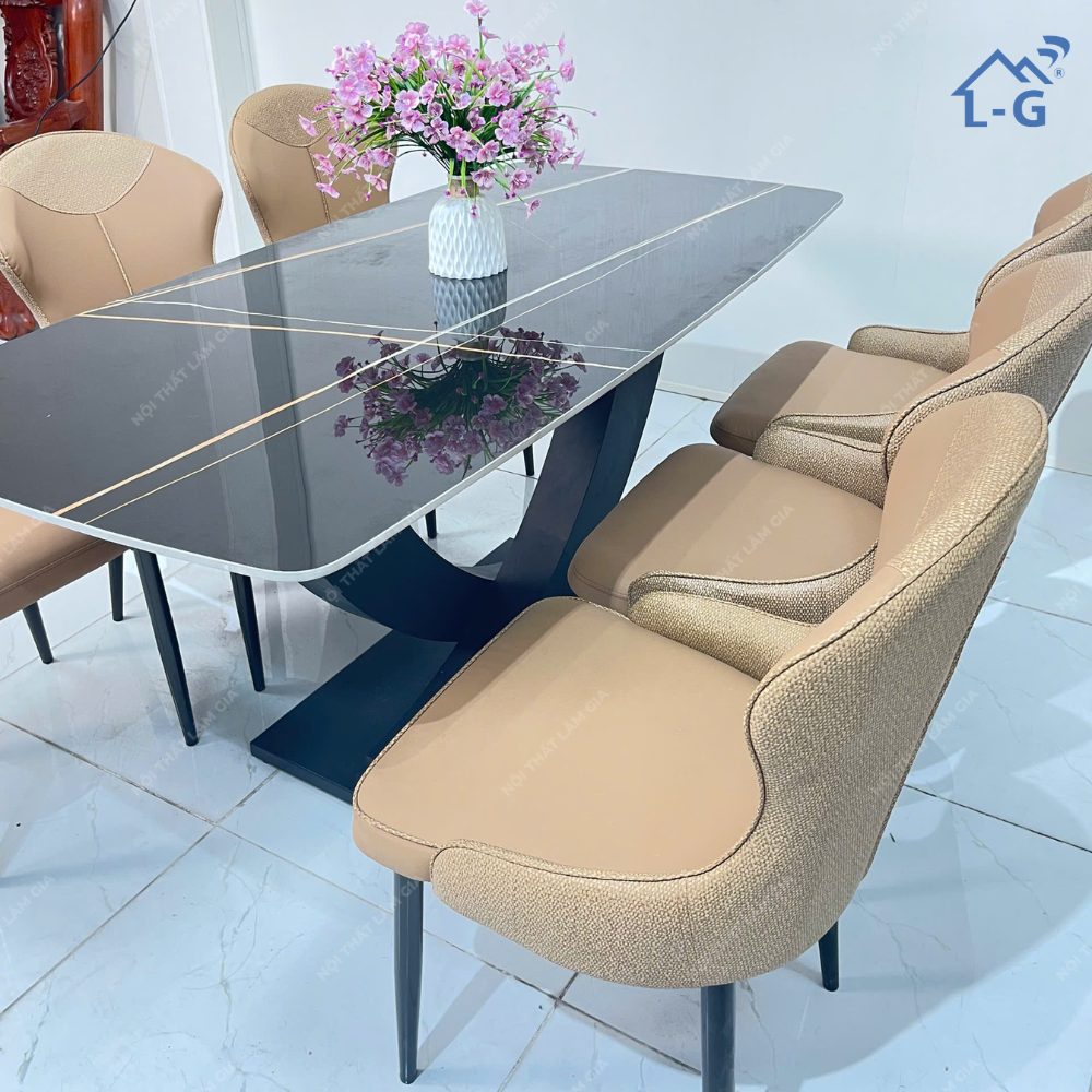 Bộ Bàn Ăn Mặt Đá Ceramic Chân Vin + 6 ghế VN46 (BBAMDCRMCV+6GV)