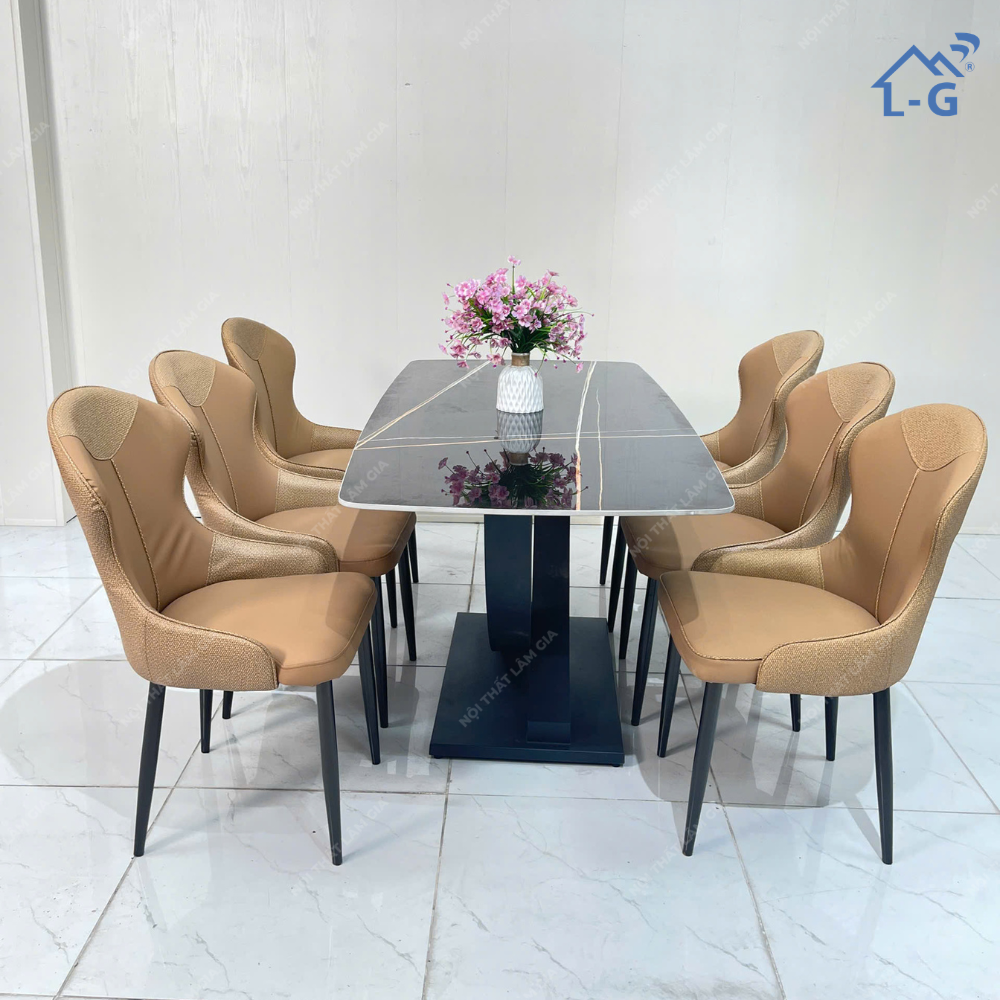 Bộ Bàn Ăn Mặt Đá Ceramic Chân Vin + 6 ghế VN46 (BBAMDCRMCV+6GV)
