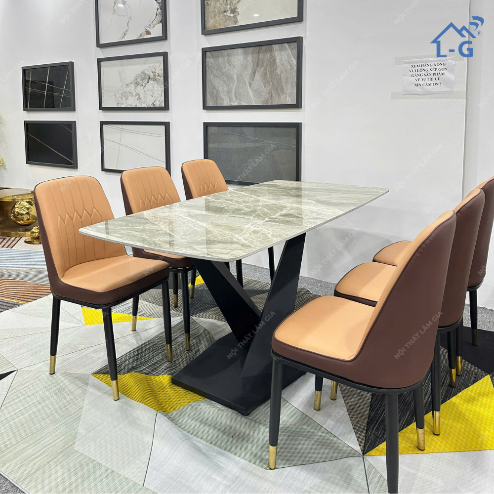 Bộ bàn ăn mặt đá Ceramic 1m6 Chân Vin + 6 ghế Monet (BBA-LG)