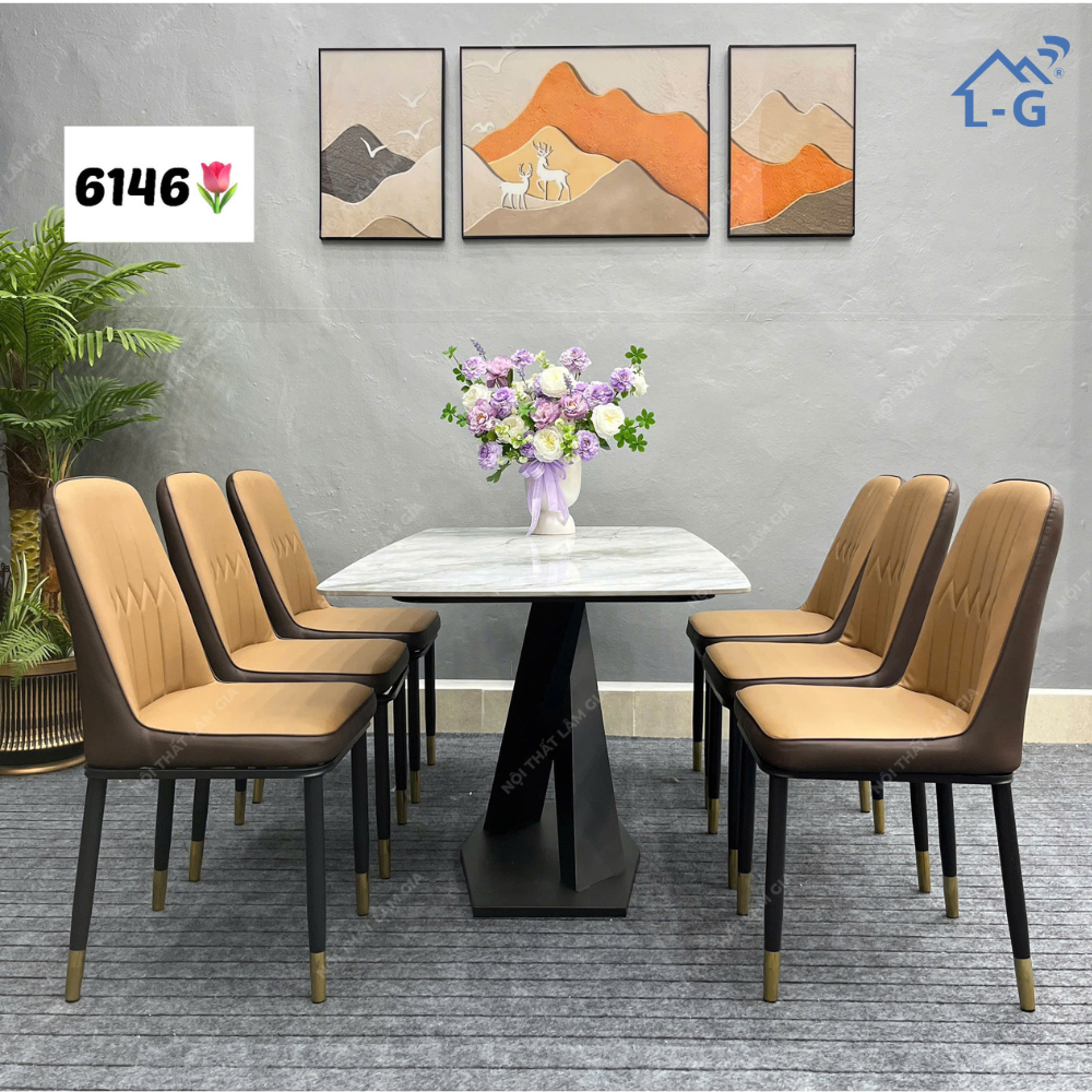 Bộ bàn ăn mặt đá Ceramic 1m6 Chân Vin + 6 ghế Monet (BBA-LG)