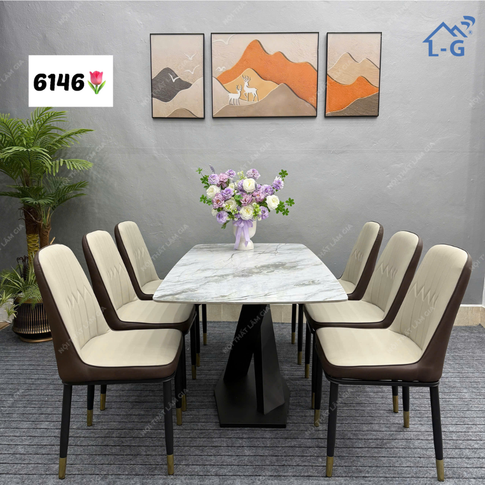 Bộ bàn ăn mặt đá Ceramic 1m6 Chân Vin + 6 ghế Monet (BBA-LG)