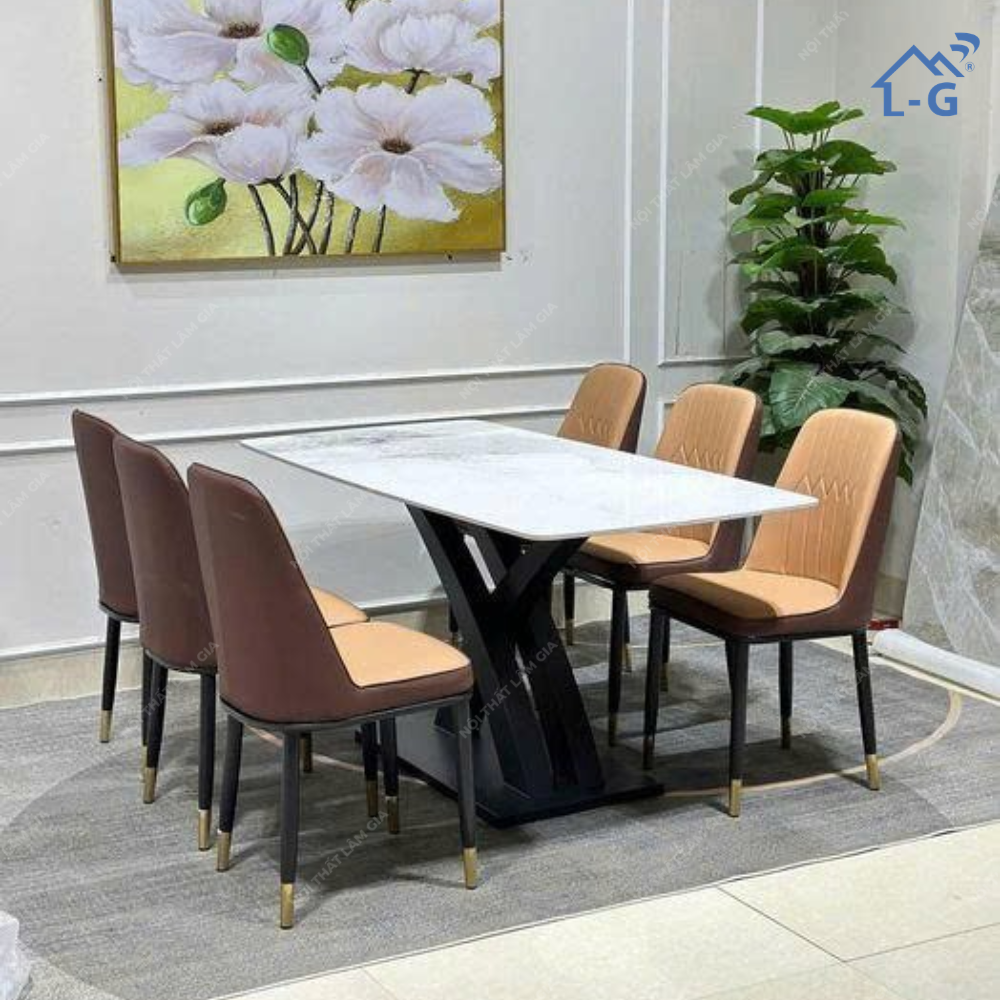 Bộ bàn ăn mặt đá Ceramic 1m6 Chân Vin + 6 ghế Monet (BBA-LG)