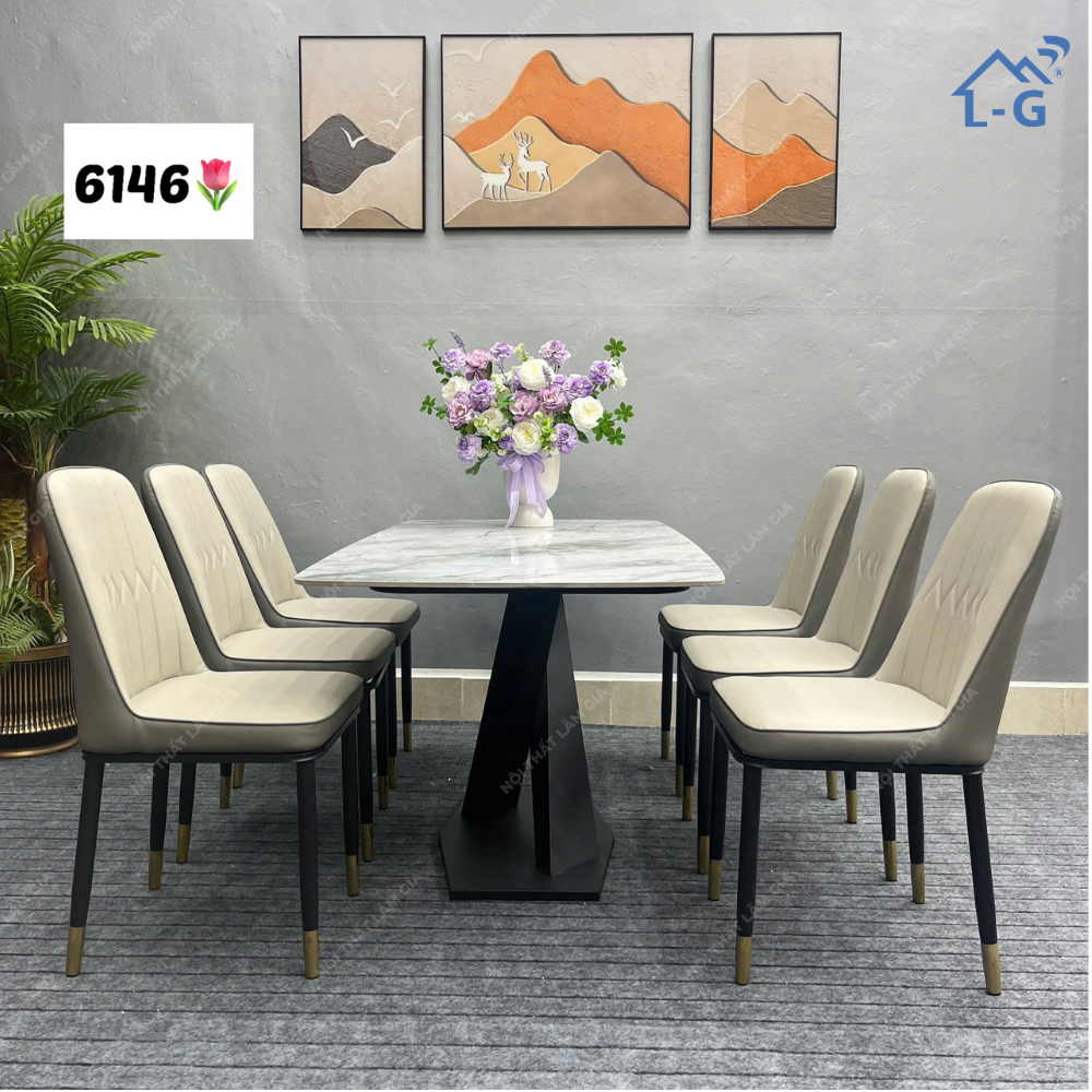 Bộ bàn ăn mặt đá Ceramic 1m6 Chân Vin + 6 ghế Monet (BBA-LG)