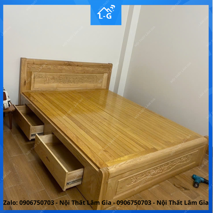 Giường Gỗ Sồi Tự Nhiên Lâm Gia Vạt Phản + Hộc Kéo (GGSTNLGVPHK)