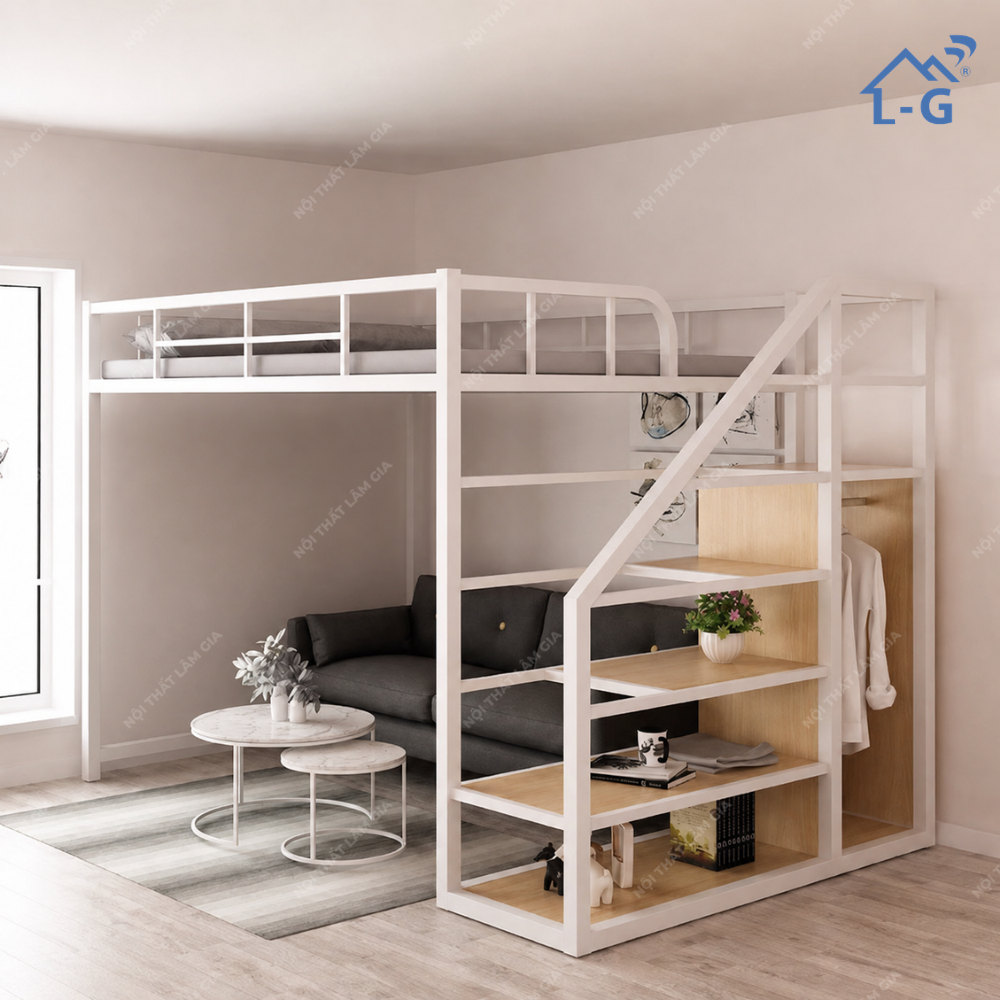 Giường 1 Tầng Sắt Hộp 5x5 Cầu Thang Bậc Có Treo Đồ (G1T-LG)