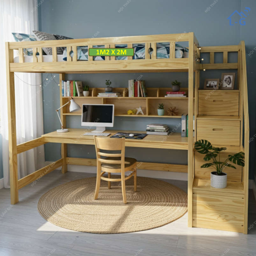 Giường 1 Tầng Gỗ Thông Mỹ Cầu Thang Bậc Hộp (G1TGTCTBH)