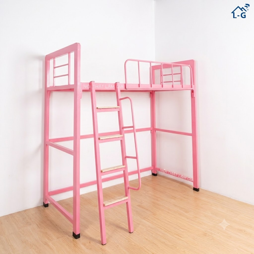 Giường 1 Tầng Sắt Hộp 4x8 Cầu Thang Bậc Gỗ (GTS-LG)