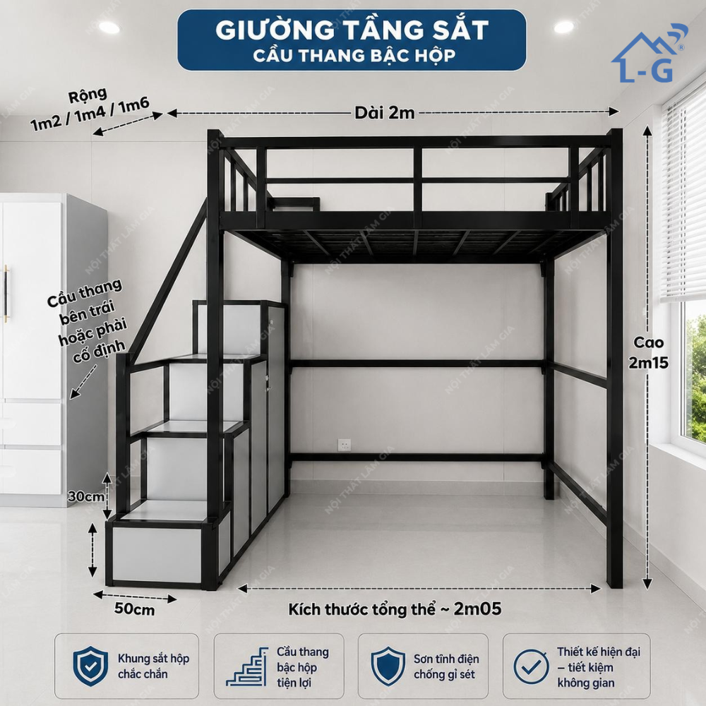 Giường 1 Tầng Sắt Hộp 5x5 Cầu Thang 4 Bậc Hệ Tủ (G1T-LG)