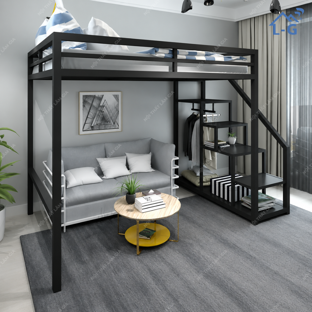 Giường 1 Tầng Sắt Hộp 5x5 Cầu Thang Bậc (G1T-LG)