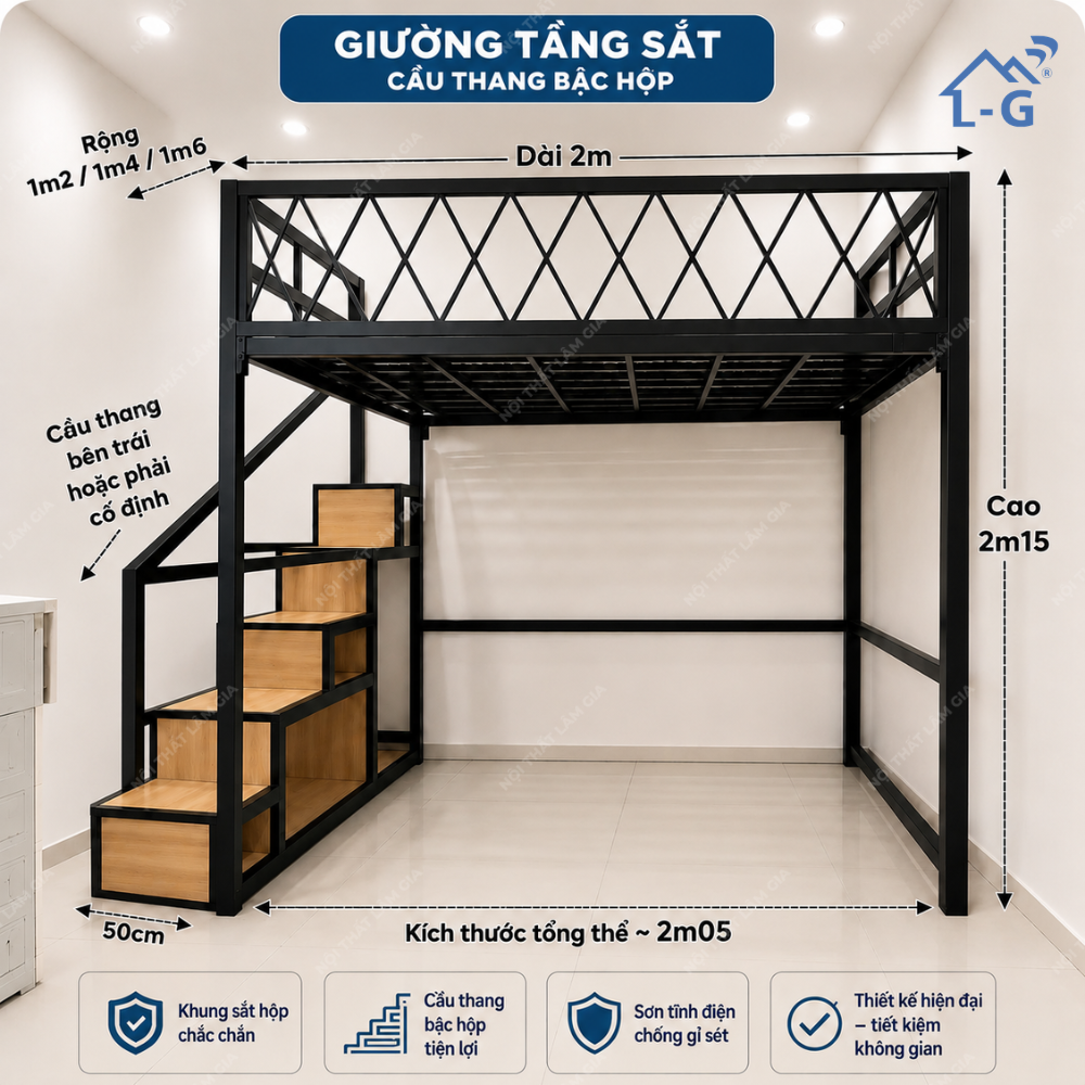 Giường 1 Tầng Sắt Hộp 5x5 Cầu Thang Bậc Gỗ, Lan Can X (G1T-LG)