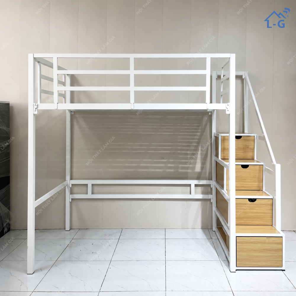 Giường 1 Tầng Sắt Hộp 5x5 Cầu Thang Hộc Kéo (G1T-LG)