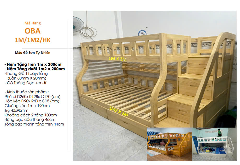 Giường 2 Tầng Lệch Gỗ Thông Mỹ - OBA Cao Cấp