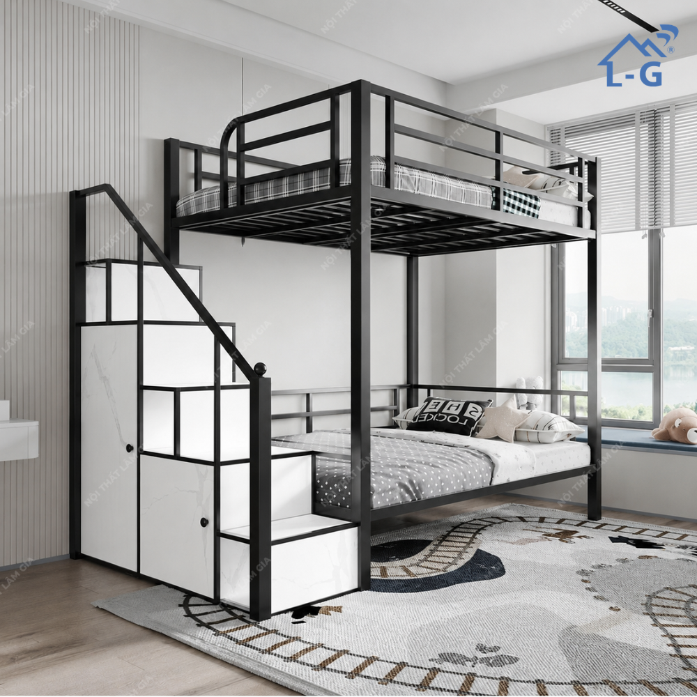 Giường 2 Tầng Sắt Hộp 4x4 Cầu Thang Nguyên Khối Cánh Mở (G2T-LG)